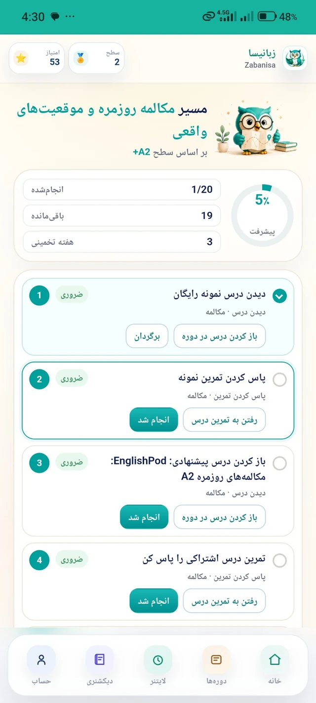 نمای مسیر یادگیری و مراحل دوره در زبانیسا