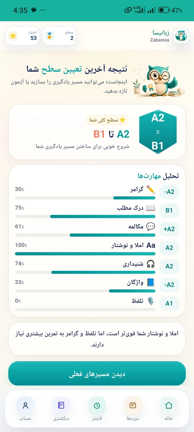 نمای نتیجه تعیین سطح در زبانیسا